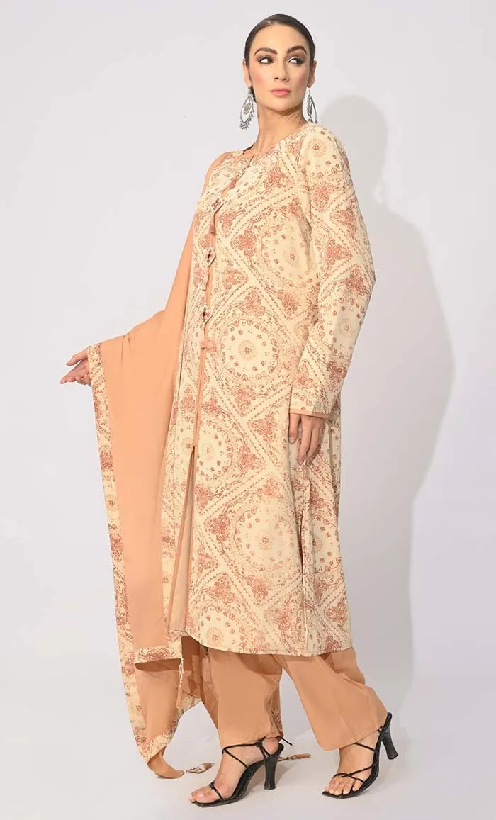 Bohemian Bliss: Printed 3Pc Sand Salwar Kameez set With Dupatta and Tassels Detailing - Final Sale