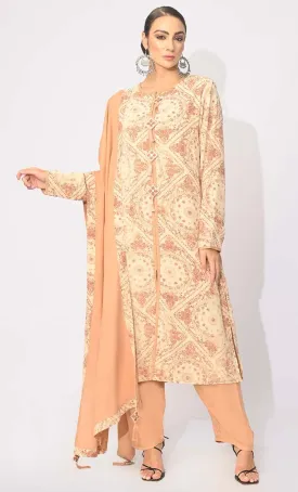 Bohemian Bliss: Printed 3Pc Sand Salwar Kameez set With Dupatta and Tassels Detailing - Final Sale