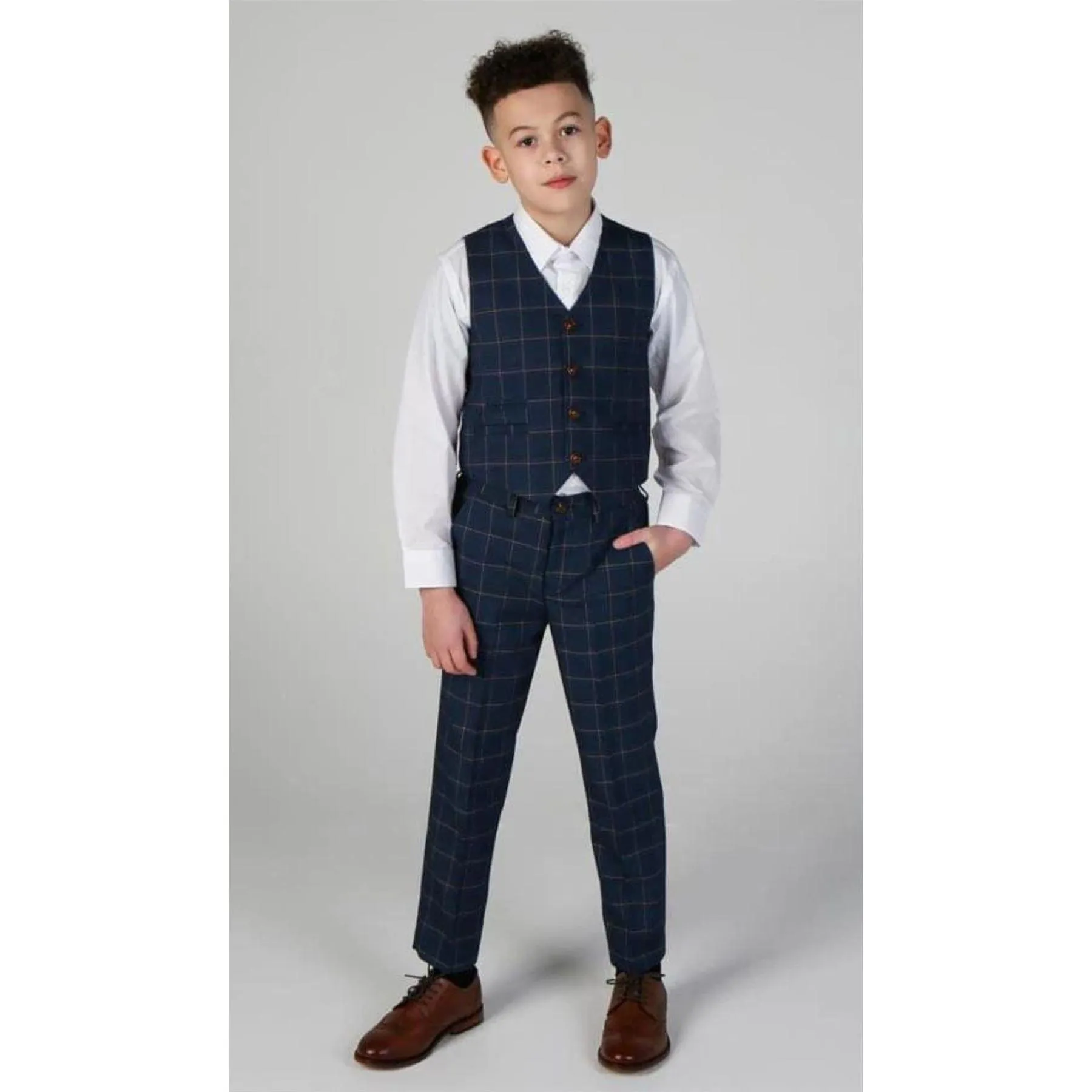 Boys 3 Piece Suit Blue Orange Check