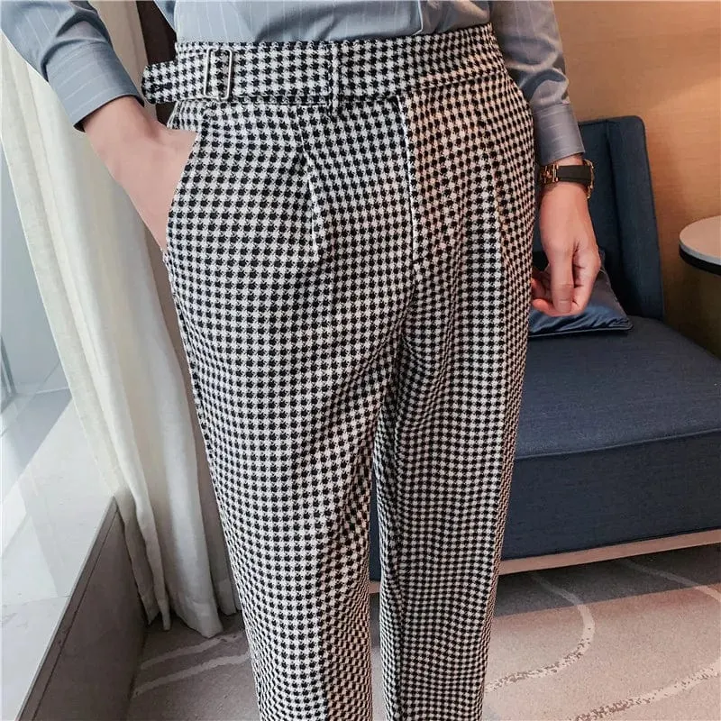 British Style Stripe Plaid Men's High Waist Slim Fit Suit Pants for Office and Wedding