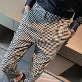 British Style Stripe Plaid Men's High Waist Slim Fit Suit Pants for Office and Wedding