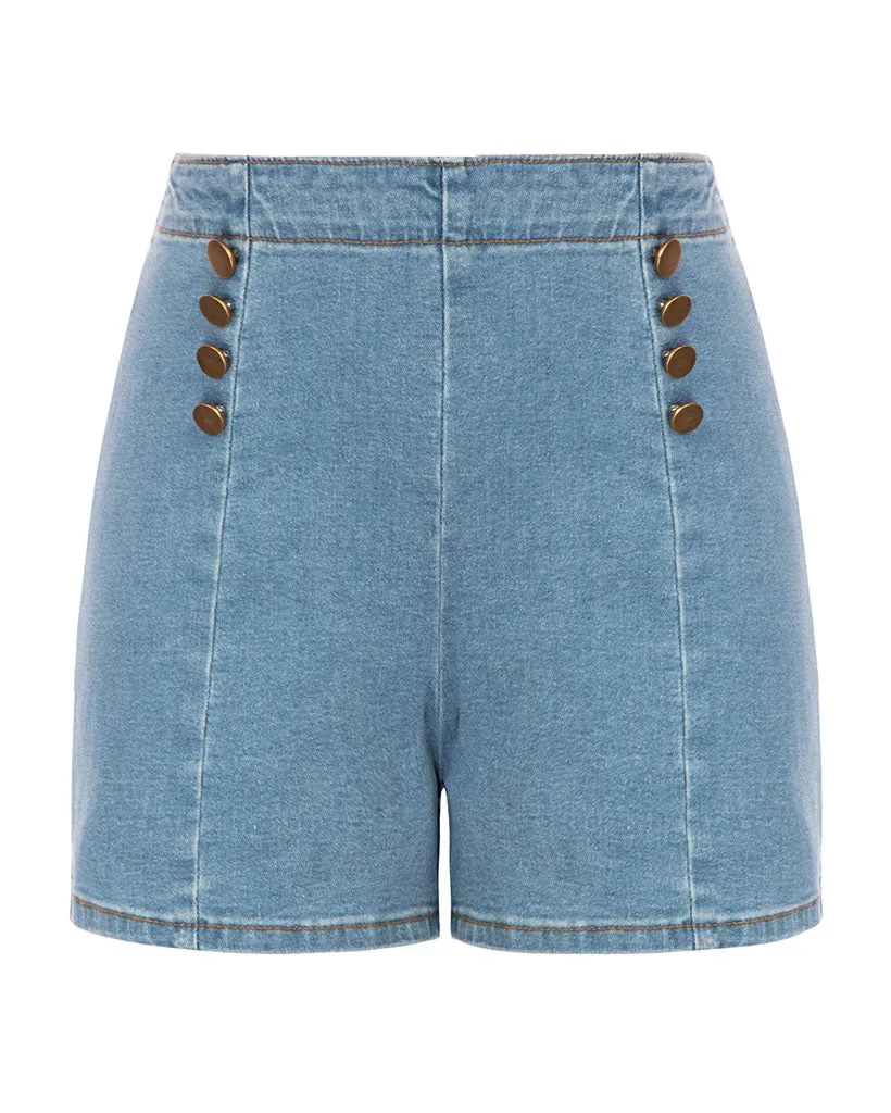 Buttons Decorated Jean Shorts High Waist Mid-Thigh Short Jeans