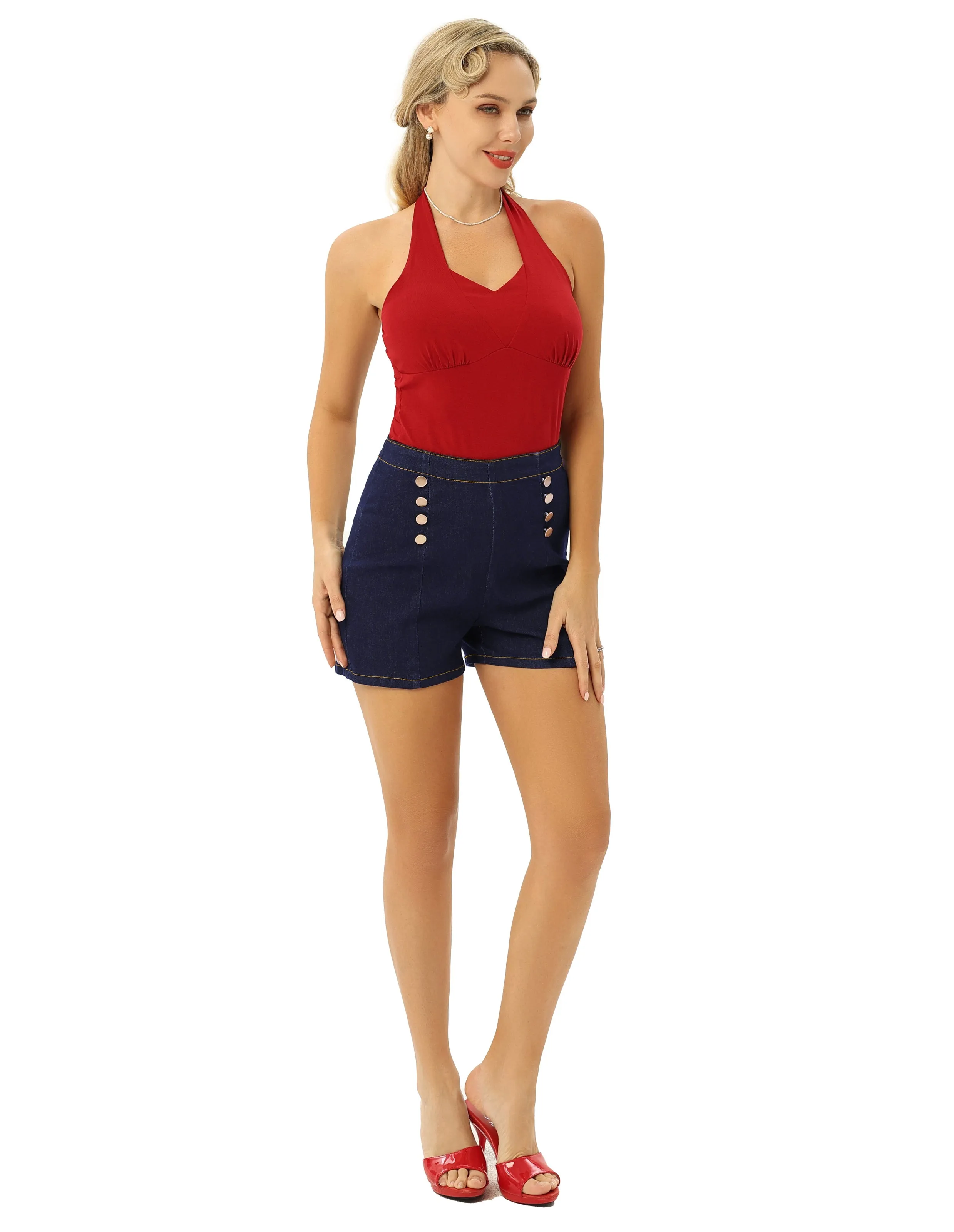 Buttons Decorated Jean Shorts High Waist Mid-Thigh Short Jeans