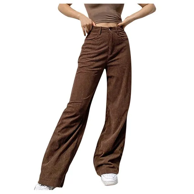 Corduroy Straight-leg Pants Fashion Jeans Women Pants Solid Mid Waisted Wide Leg Pants Straight Casual Baggy Trousers