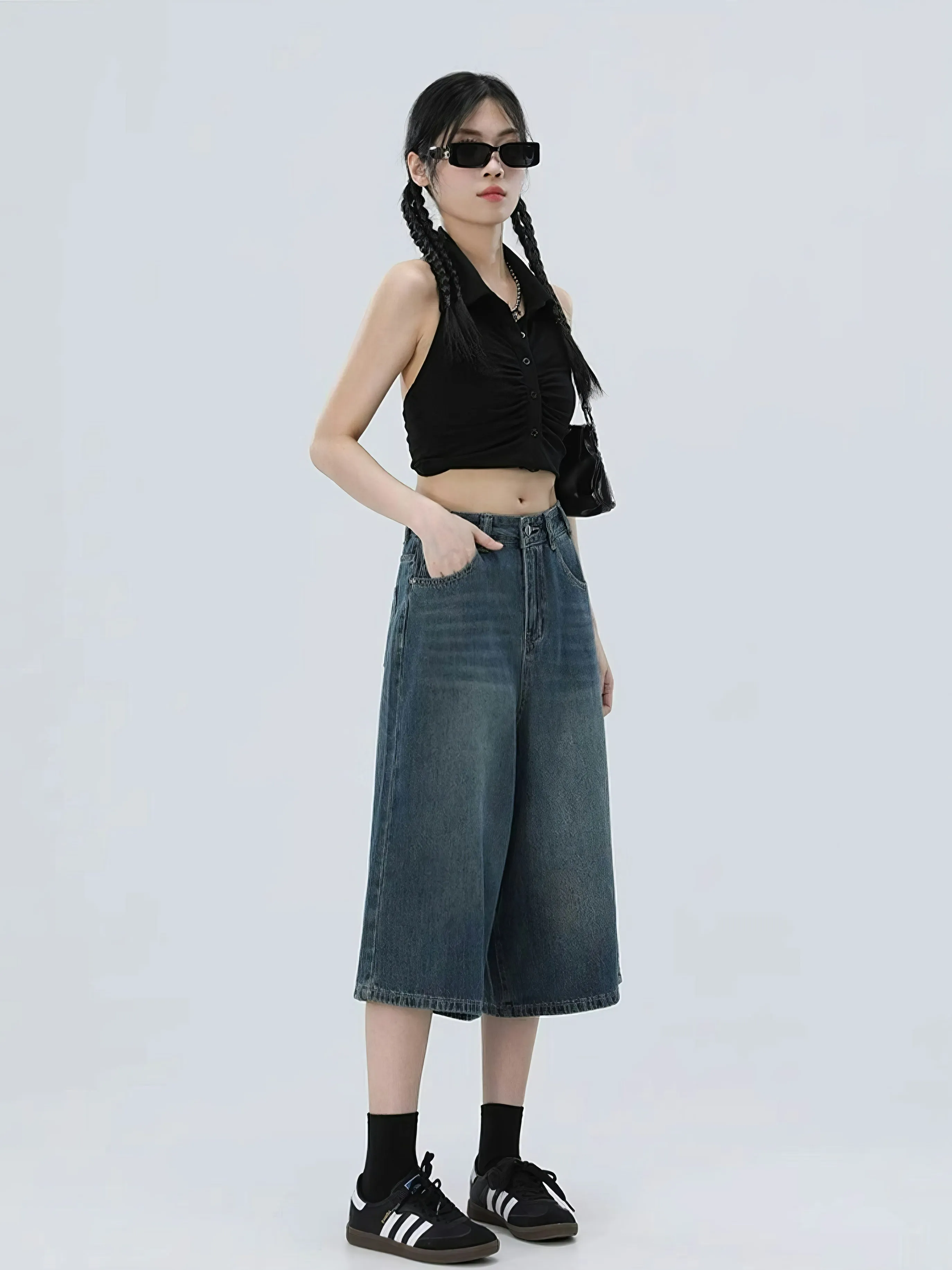 Denim Culotte Capri Shorts with Back Pocket Detail