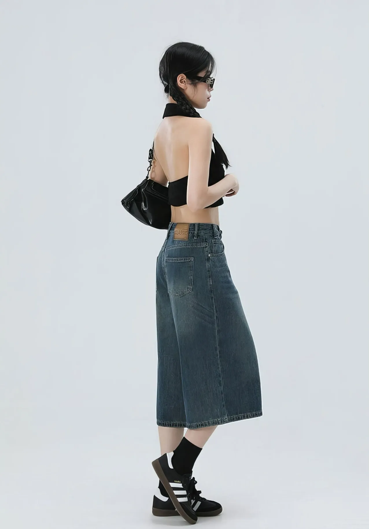 Denim Culotte Capri Shorts with Back Pocket Detail