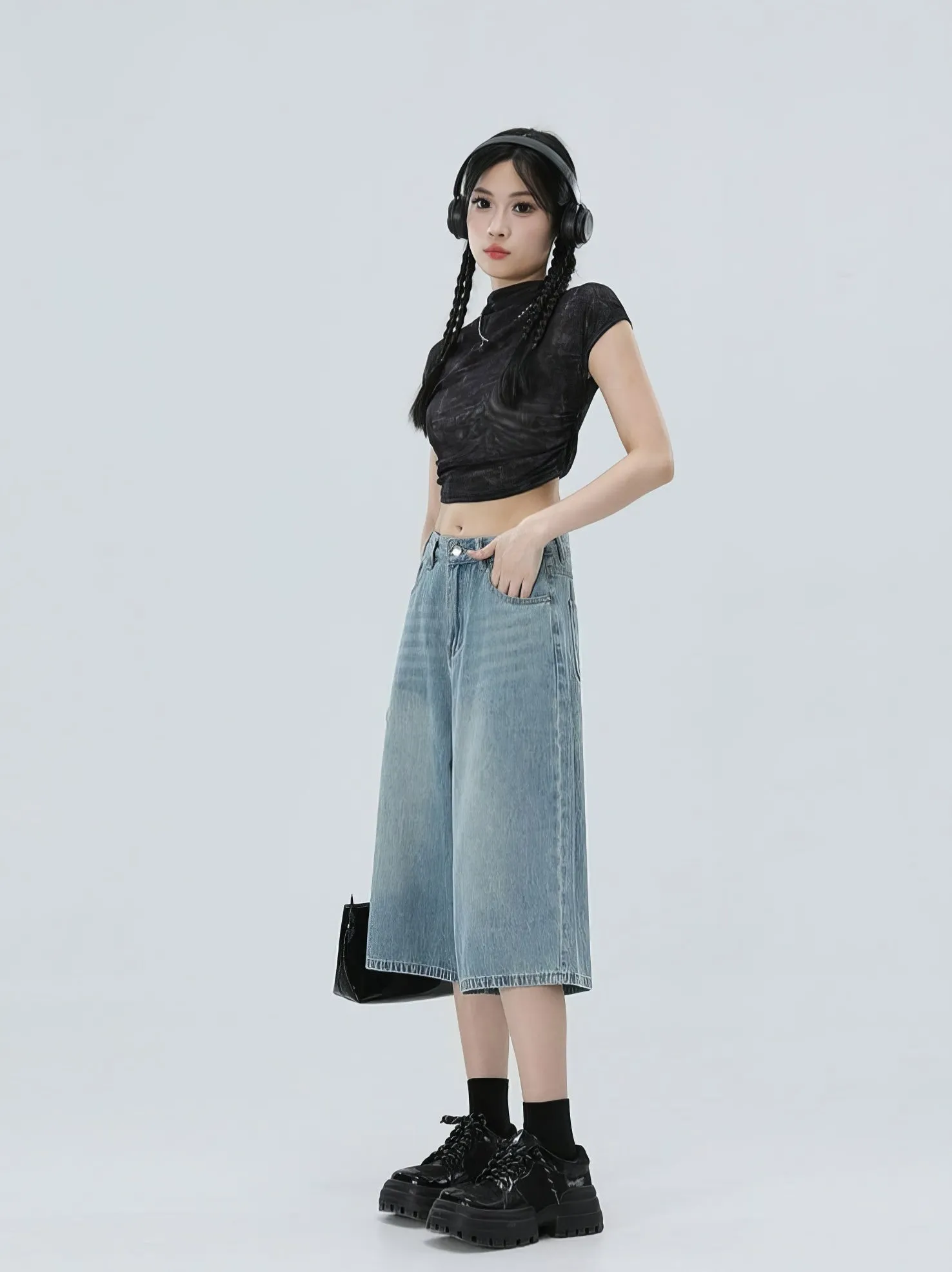 Denim Culotte Capri Shorts with Back Pocket Detail