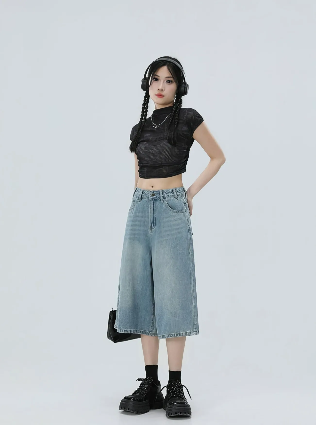 Denim Culotte Capri Shorts with Back Pocket Detail