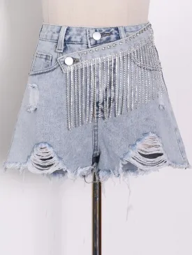 Denim Patchwork Tassel Shorts