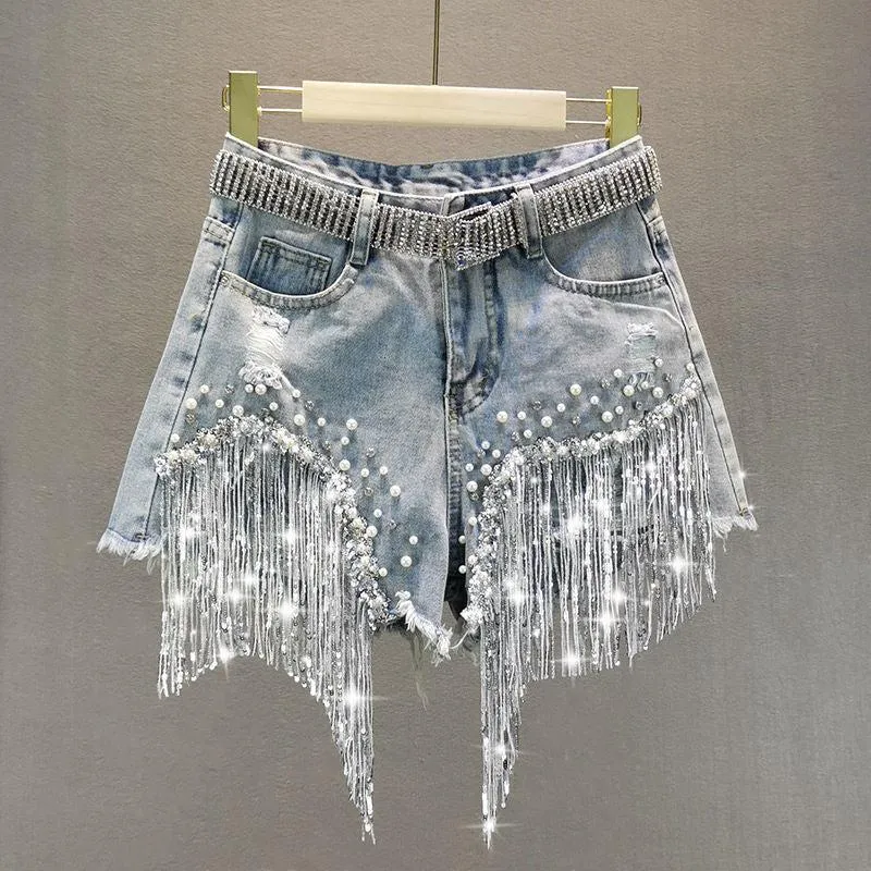 Disco Cowgirl Rhinestone Fringe Denim Shorts