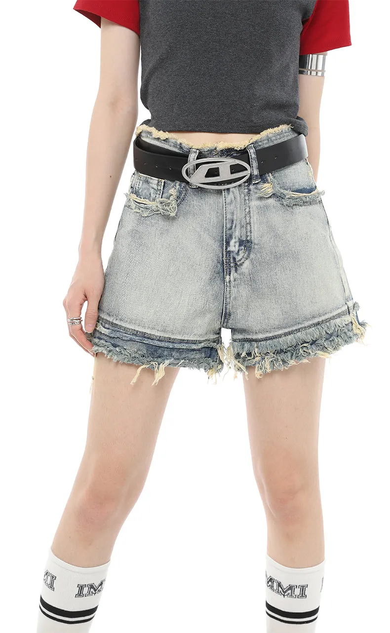 Distressed Hem Denim Shorts