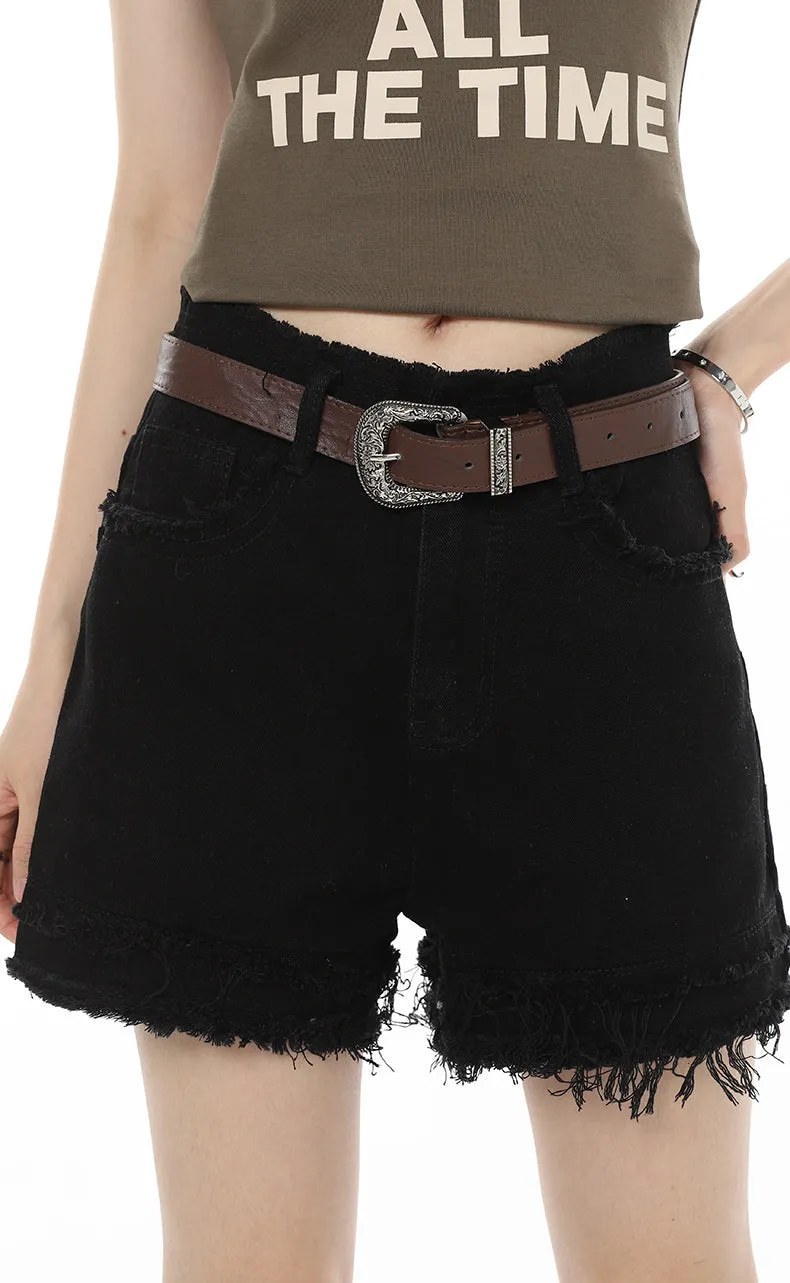 Distressed Hem Denim Shorts