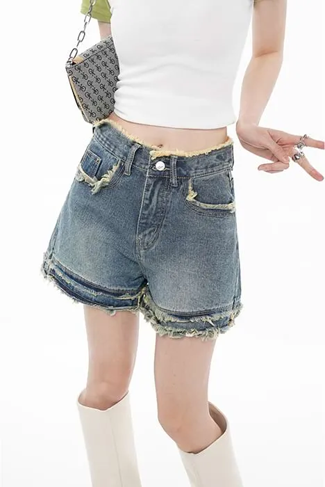 Distressed Hem Denim Shorts