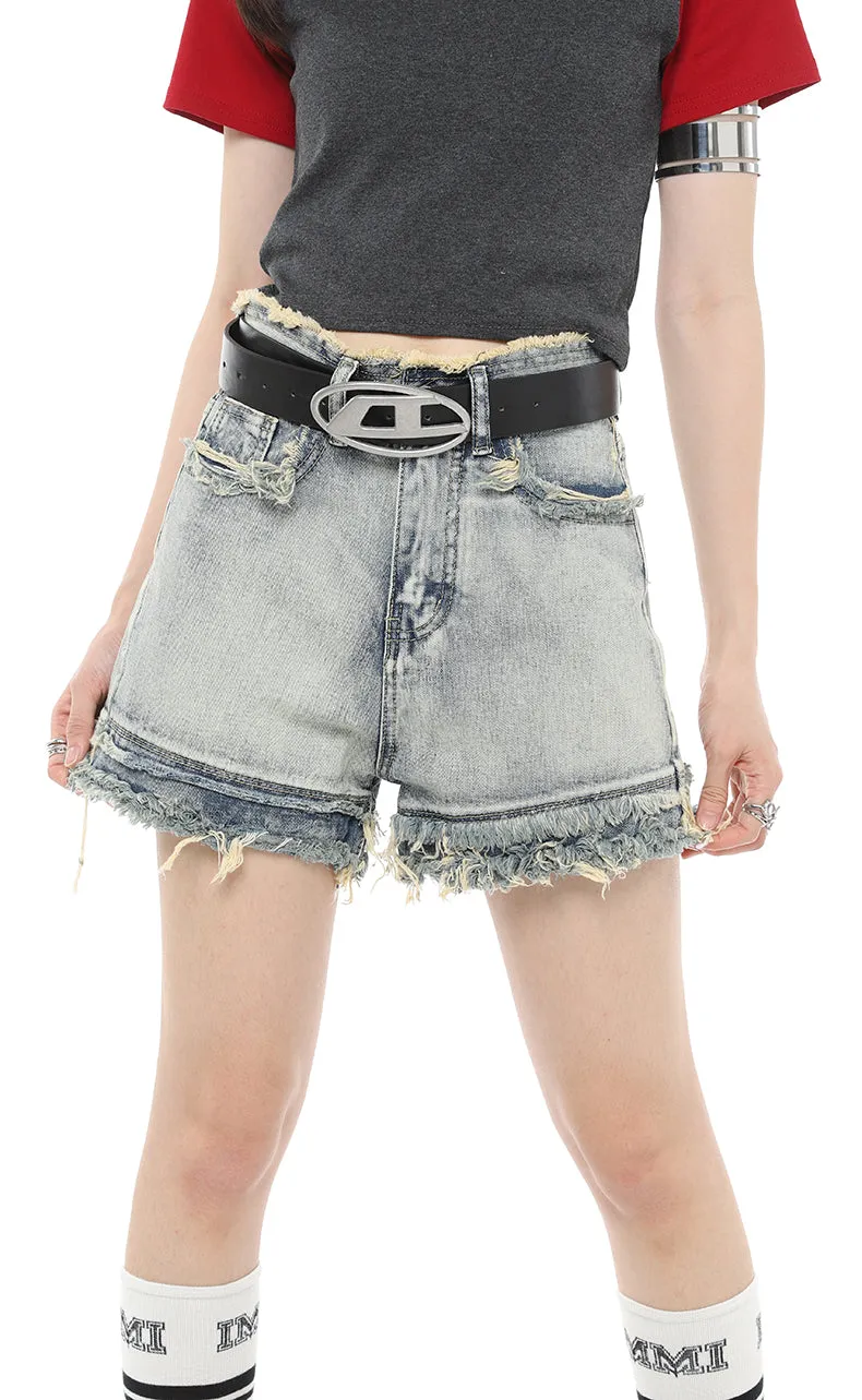 Distressed Hem Denim Shorts