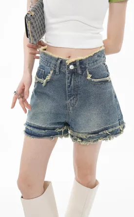 Distressed Hem Denim Shorts