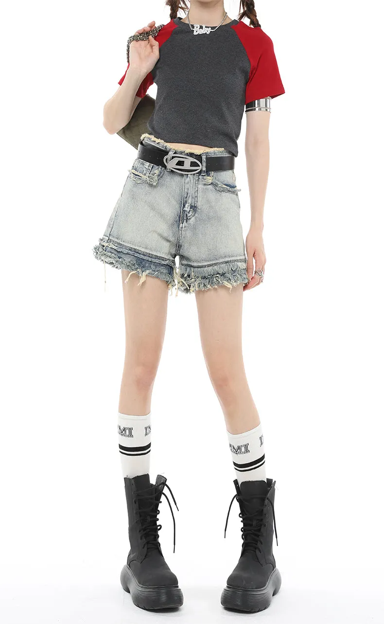 Distressed Hem Denim Shorts