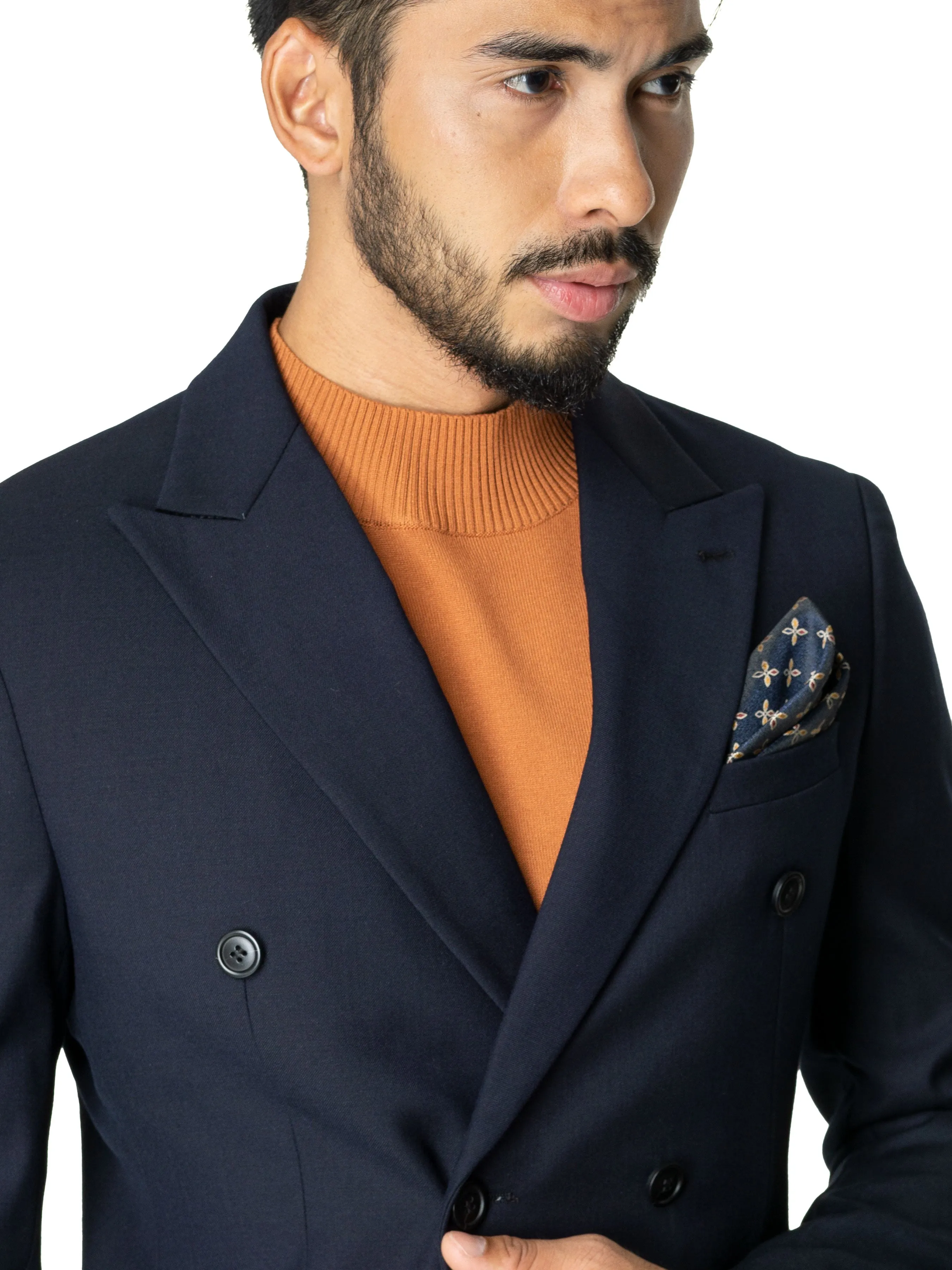 Double Breasted Suit Blazer - Deep Blue Plain (Peak Lapel)