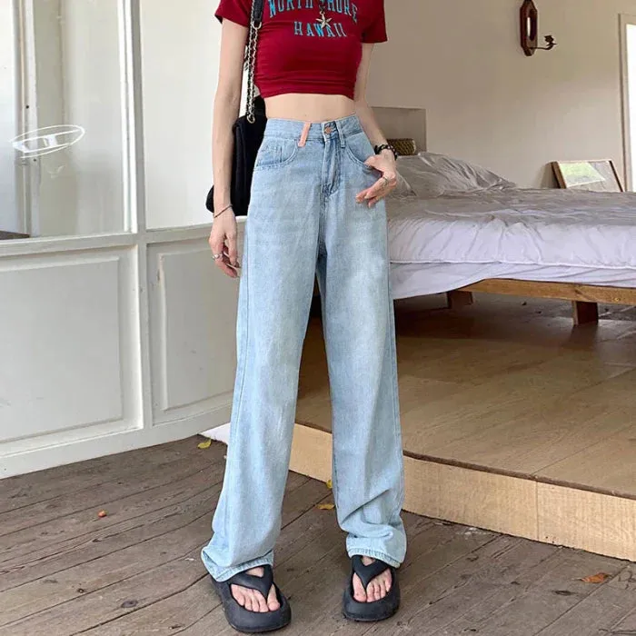 Embroidered Pockets Women High Waist Pear Shaped Trailing Straight Wide Leg Jeans