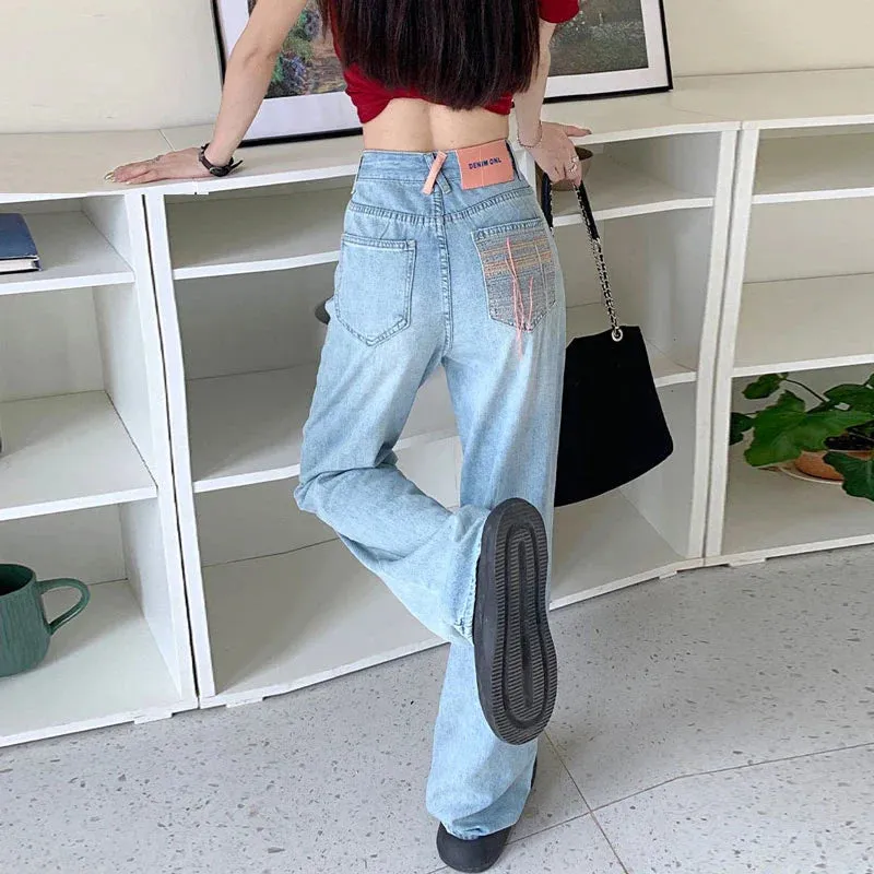 Embroidered Pockets Women High Waist Pear Shaped Trailing Straight Wide Leg Jeans