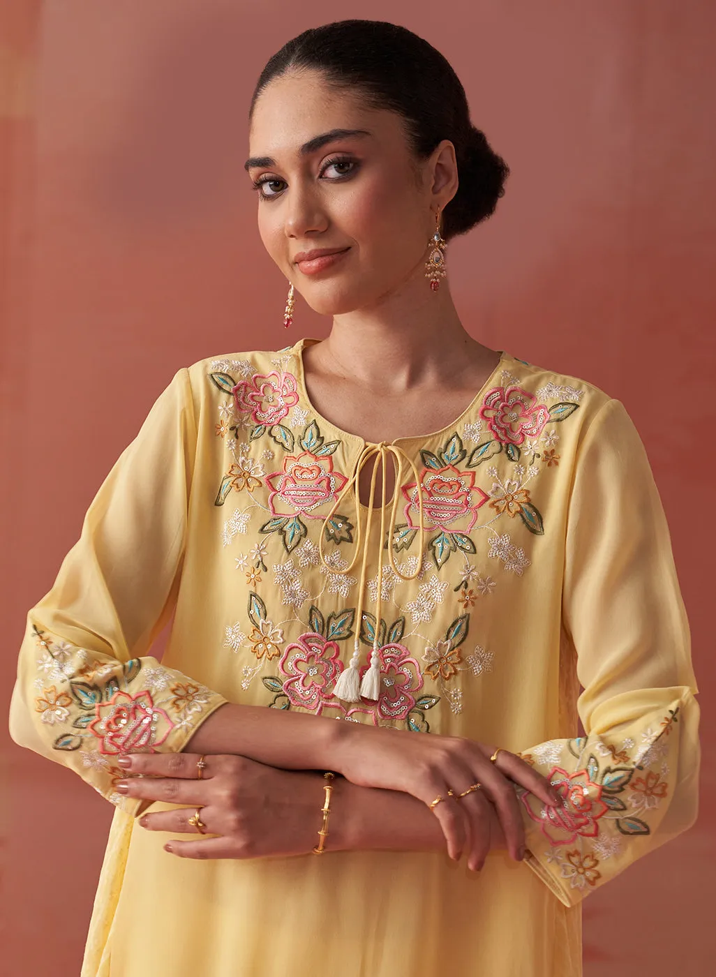 Firdaus Lemon Embroidered Georgette Designer Long Kurta for Women