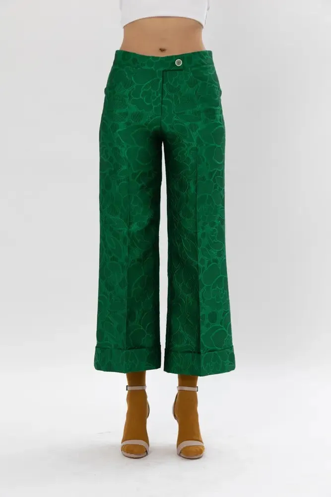 Floral Brocade Pants - Emerald Green