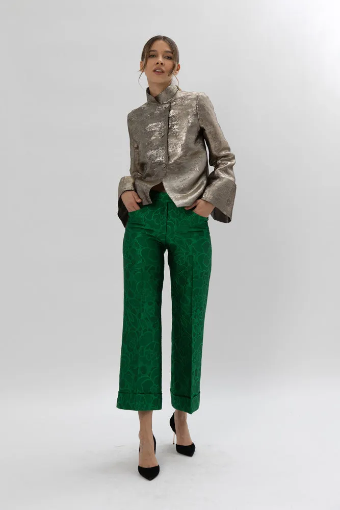 Floral Brocade Pants - Emerald Green