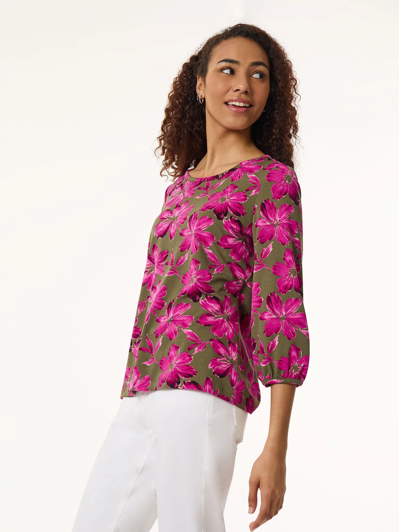 Floral Puff Sleeve Top, Moss Crepe