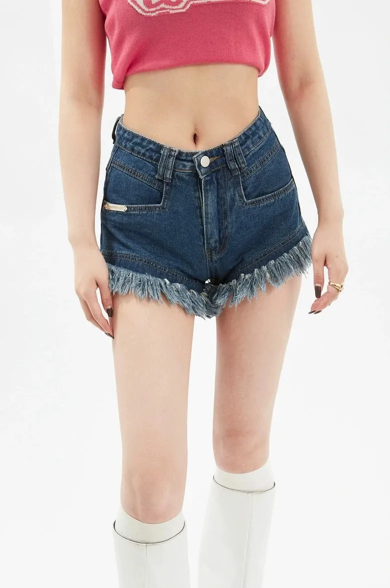 Frayed Distressed Tassel Hem Denim Shorts