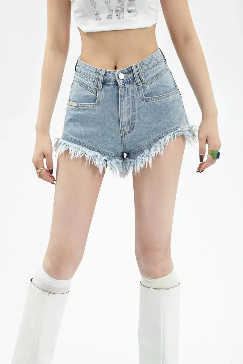 Frayed Distressed Tassel Hem Denim Shorts