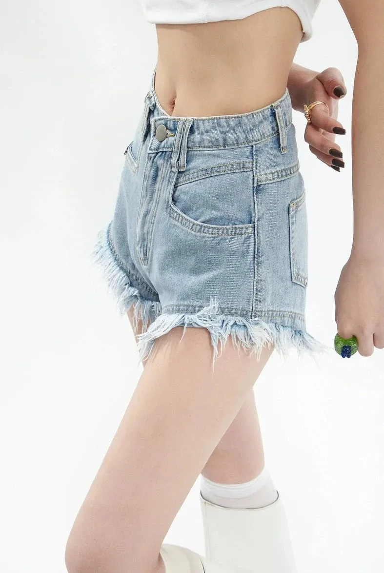 Frayed Distressed Tassel Hem Denim Shorts