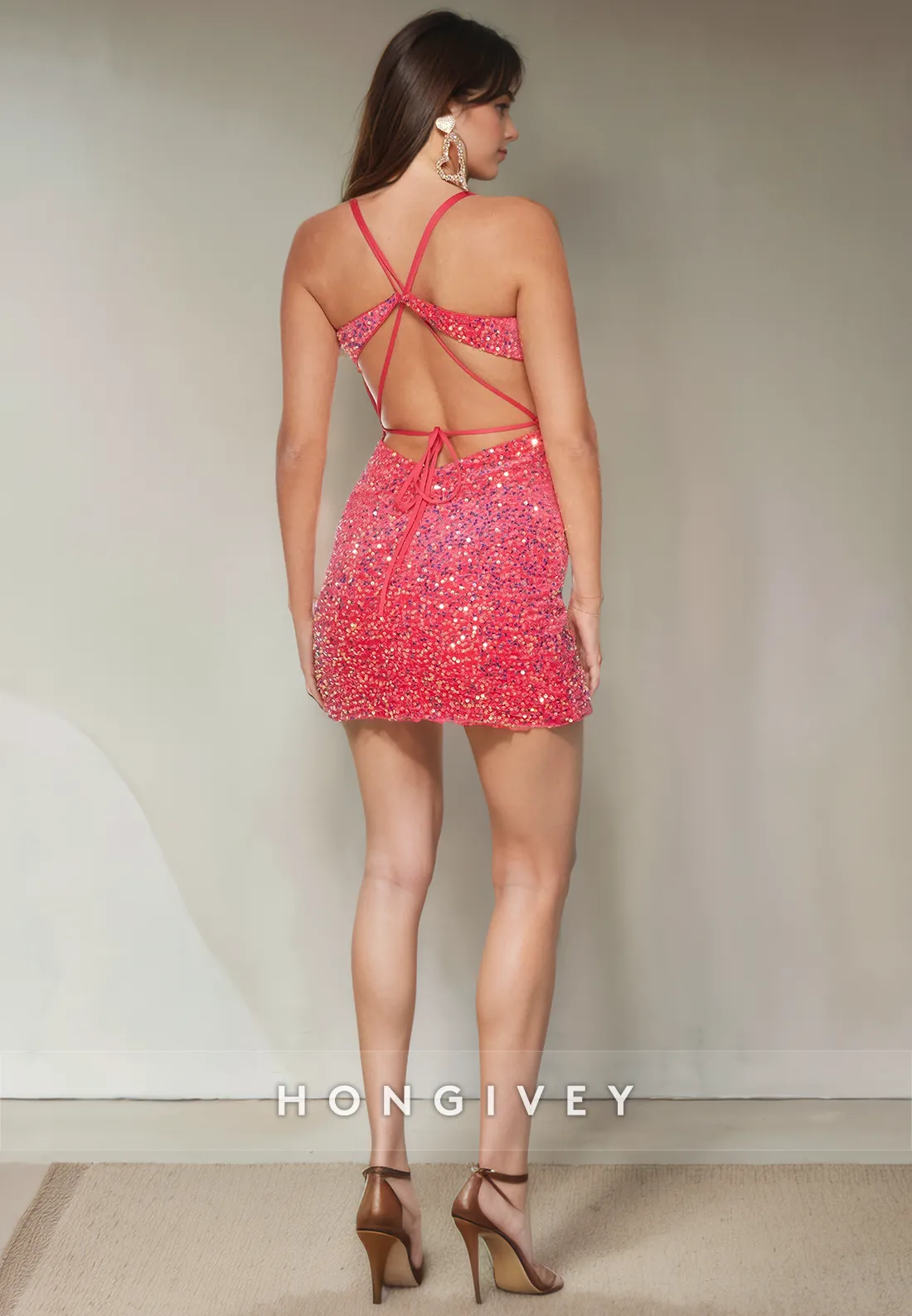 Glitter Fitted V-Neck Spaghetti Straps Fully Sequined Short Party Homecoming Dress