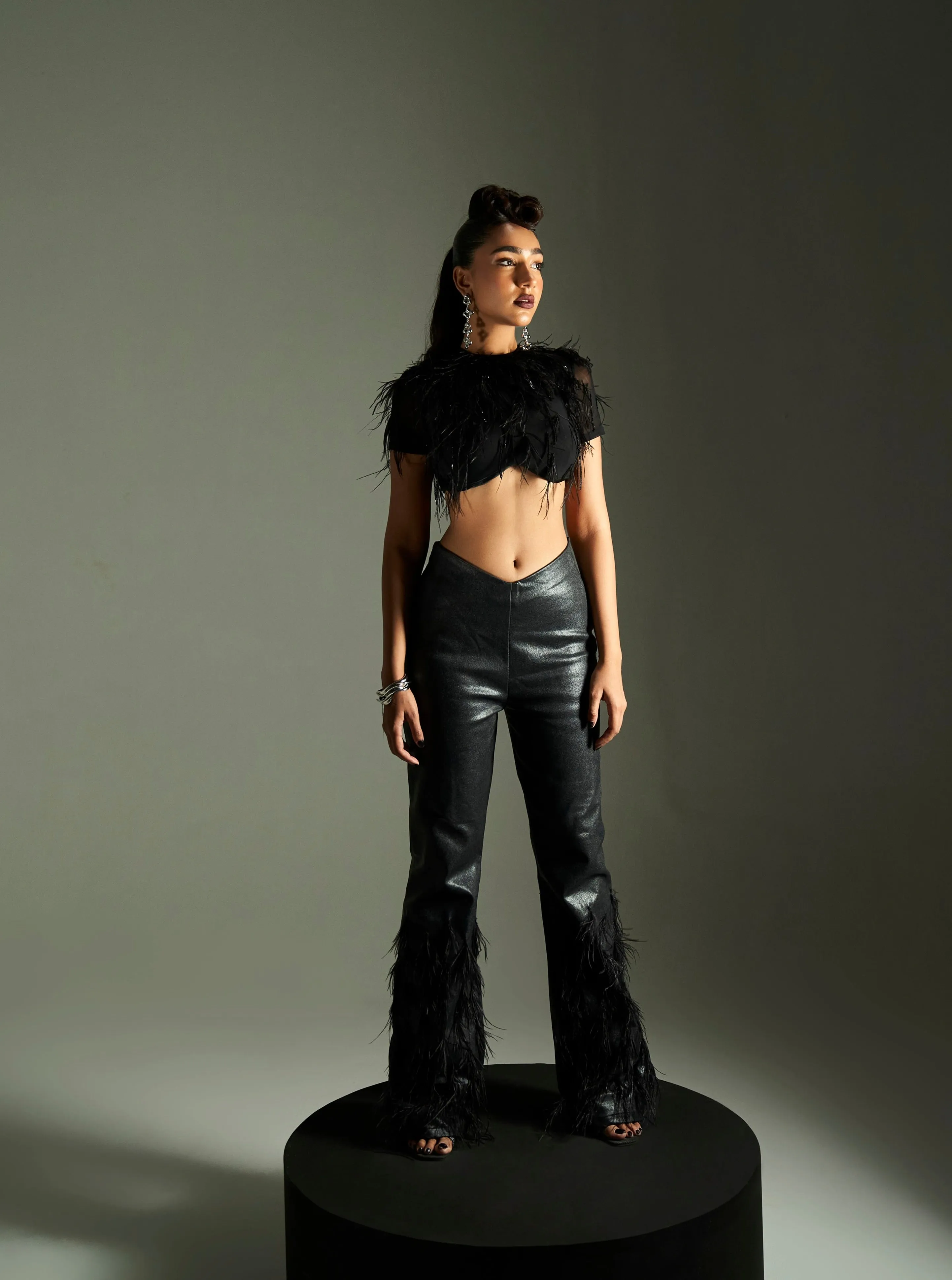 Isla Black Feather Embellished Crop Top & Pant Set