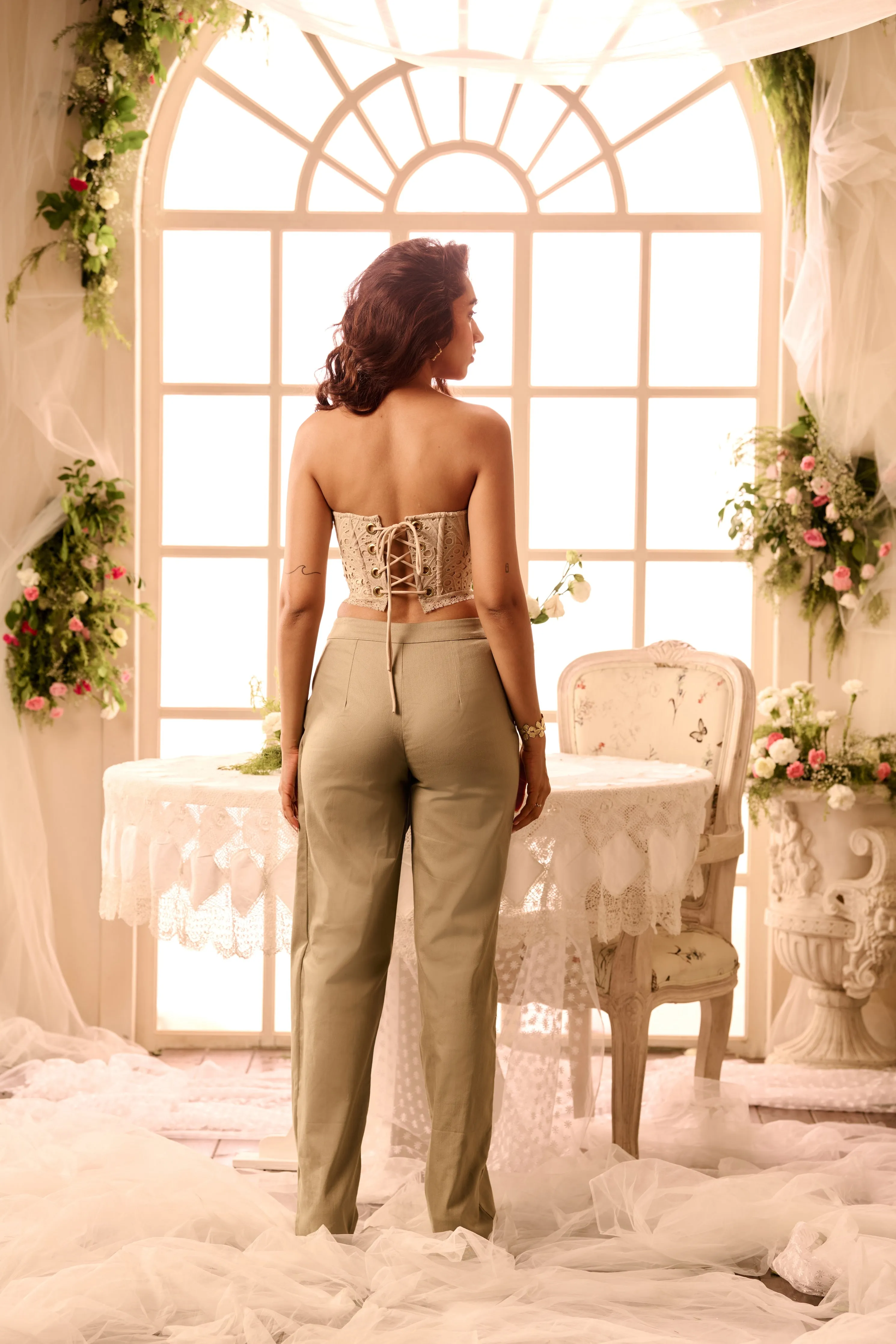 Iveta Khaki Pearl Embellished Corset   Pants Coord Set