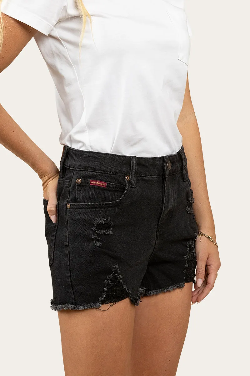 Jessie Womens Mid Rise Ripped Denim Short - Black