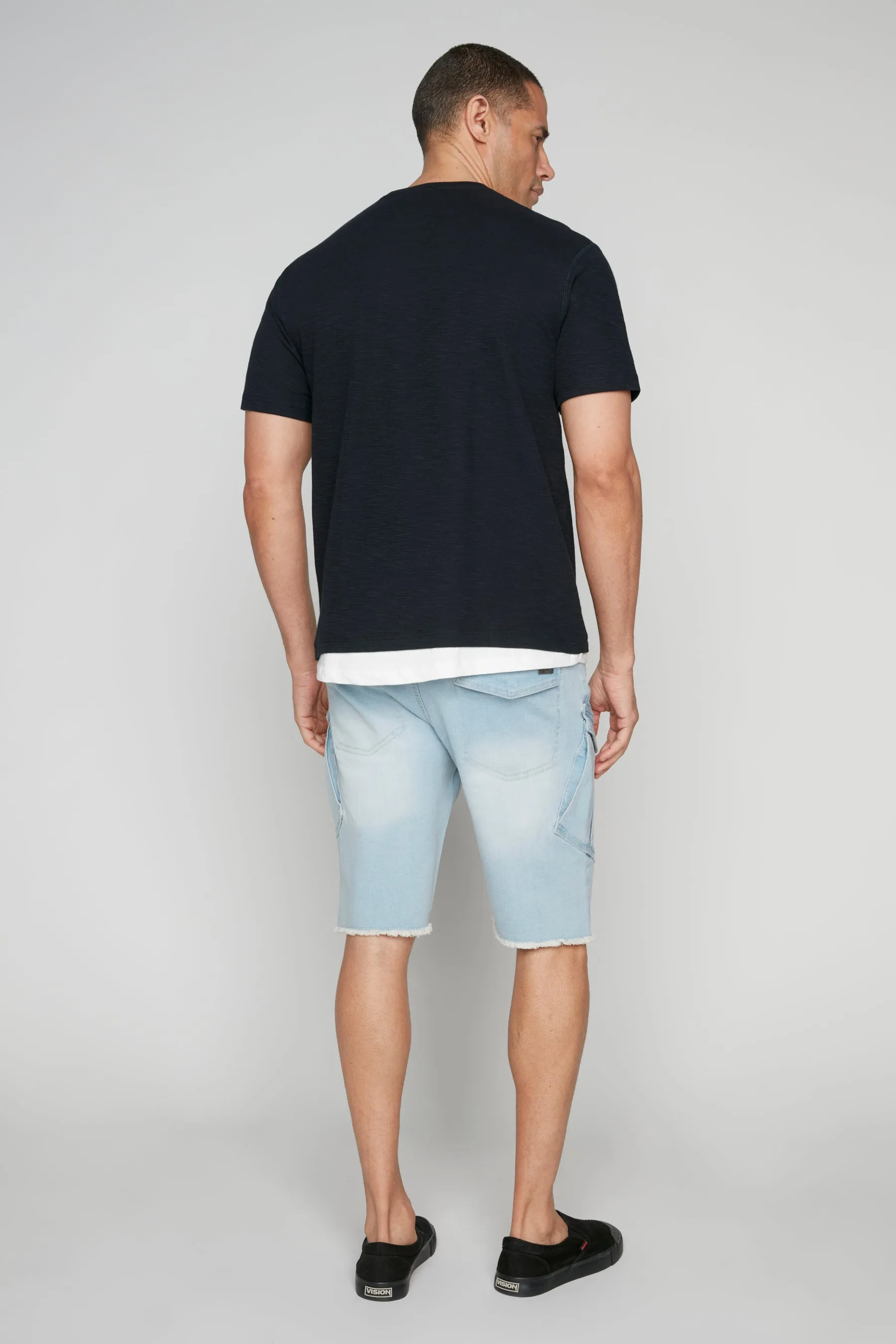 KRAVITZ - Mens 5-Pockets Pull-On Cargo Denim Shorts - Blue Bleach