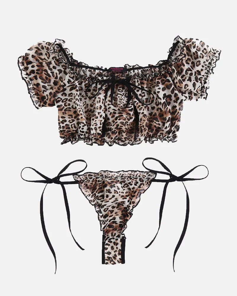 Leopard Sheer Ruffle Bra and Panty Set