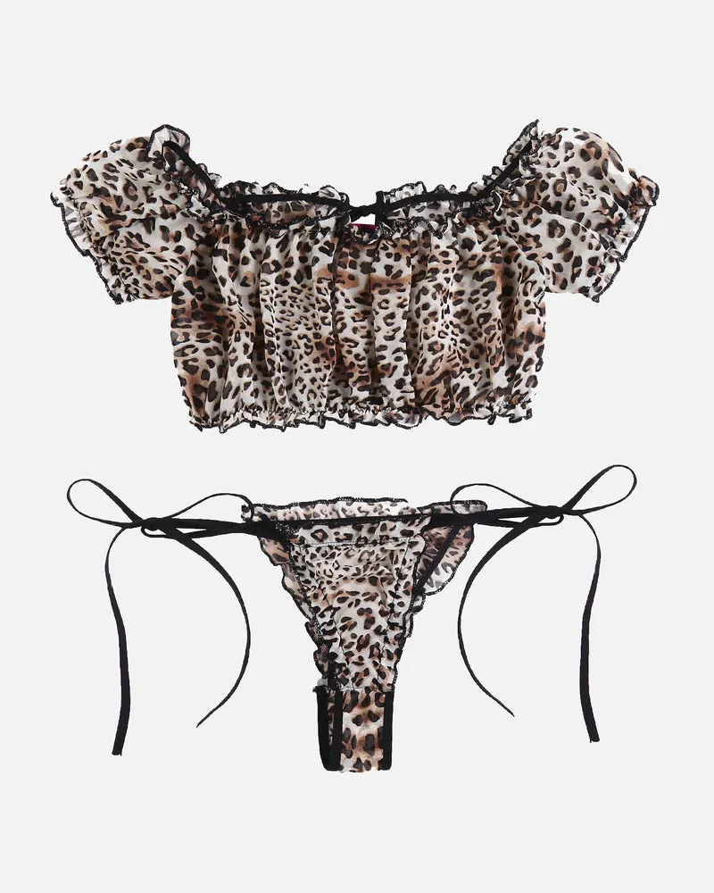 Leopard Sheer Ruffle Bra and Panty Set