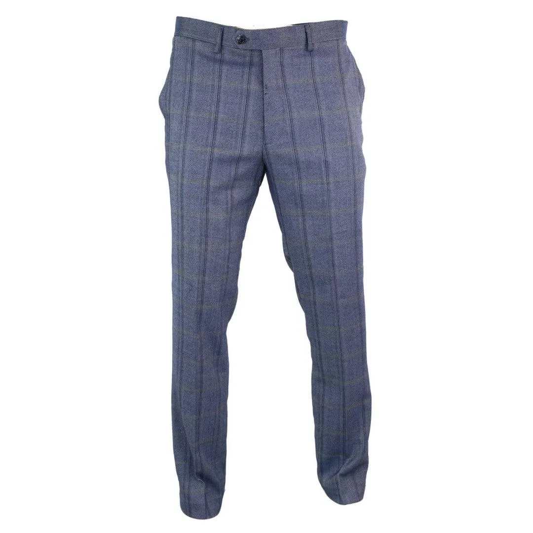 Mens Herringbone Tweed Check Blinders Trousers Wool Vintage Classic Retro