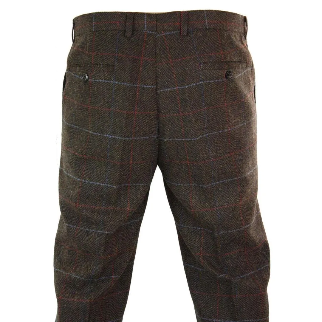 Mens Herringbone Tweed Check Blinders Trousers Wool Vintage Classic Retro