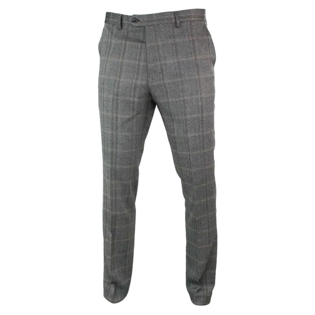 Mens Herringbone Tweed Check Blinders Trousers Wool Vintage Classic Retro