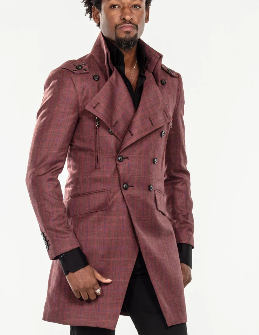 Mens Long Coats, High Collar Coat, Rust Long Jacket