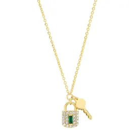 Pave Lock And Key Charm Necklace With Green Accent Stone