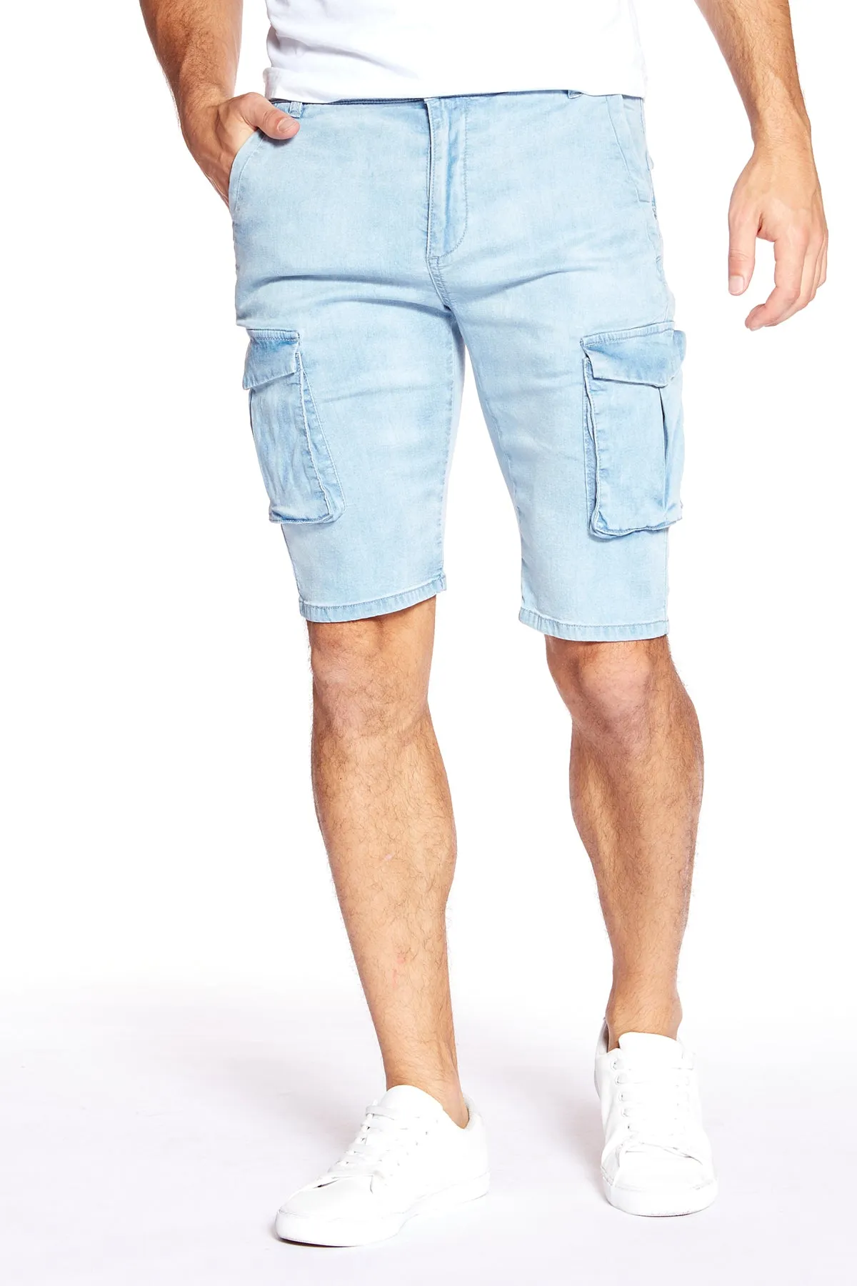 PRESLEY - Zip Front Cargo Shorts - Light Blue Bleach