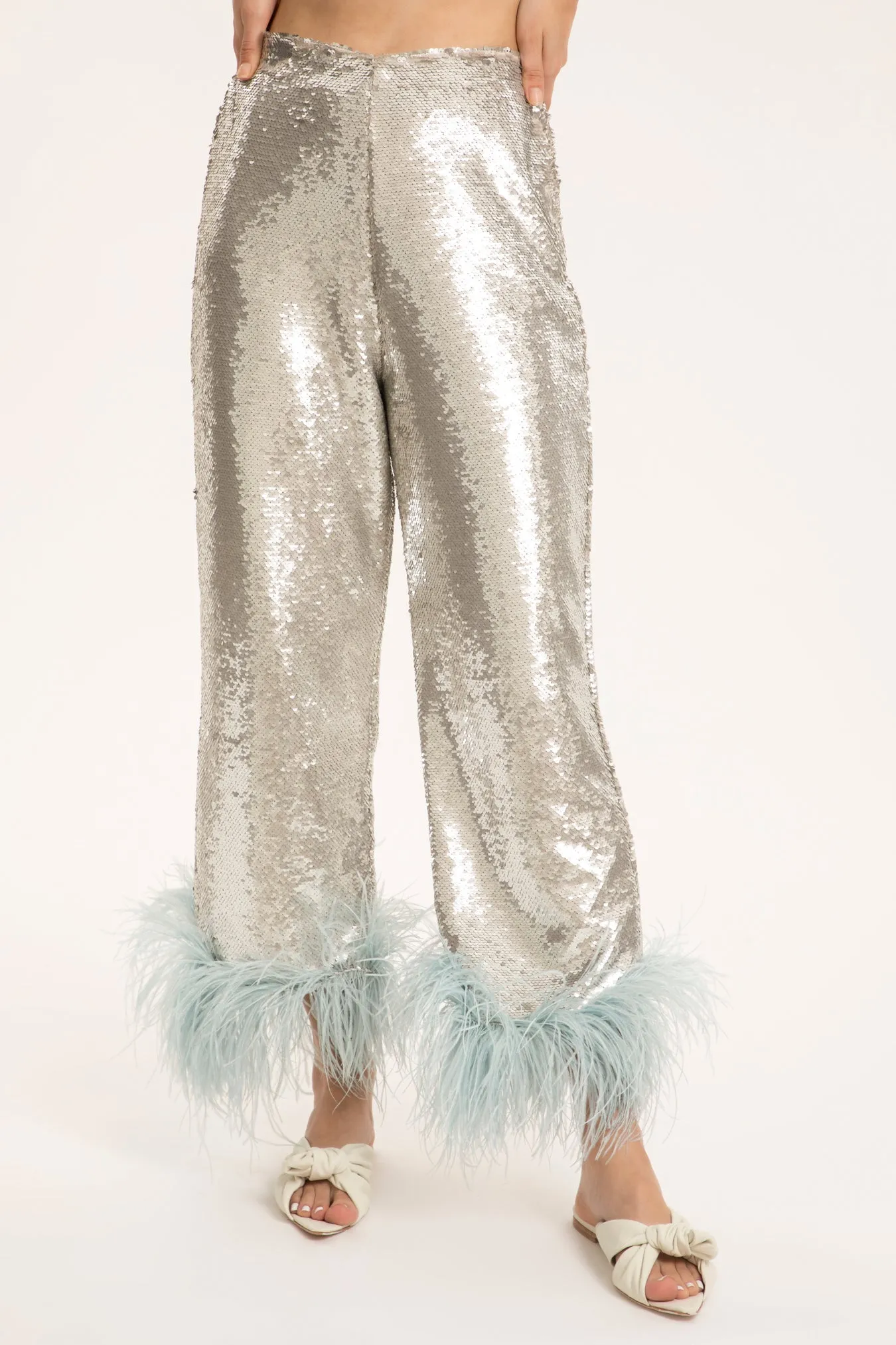 Sequins Wide-Leg Pants With Feathers