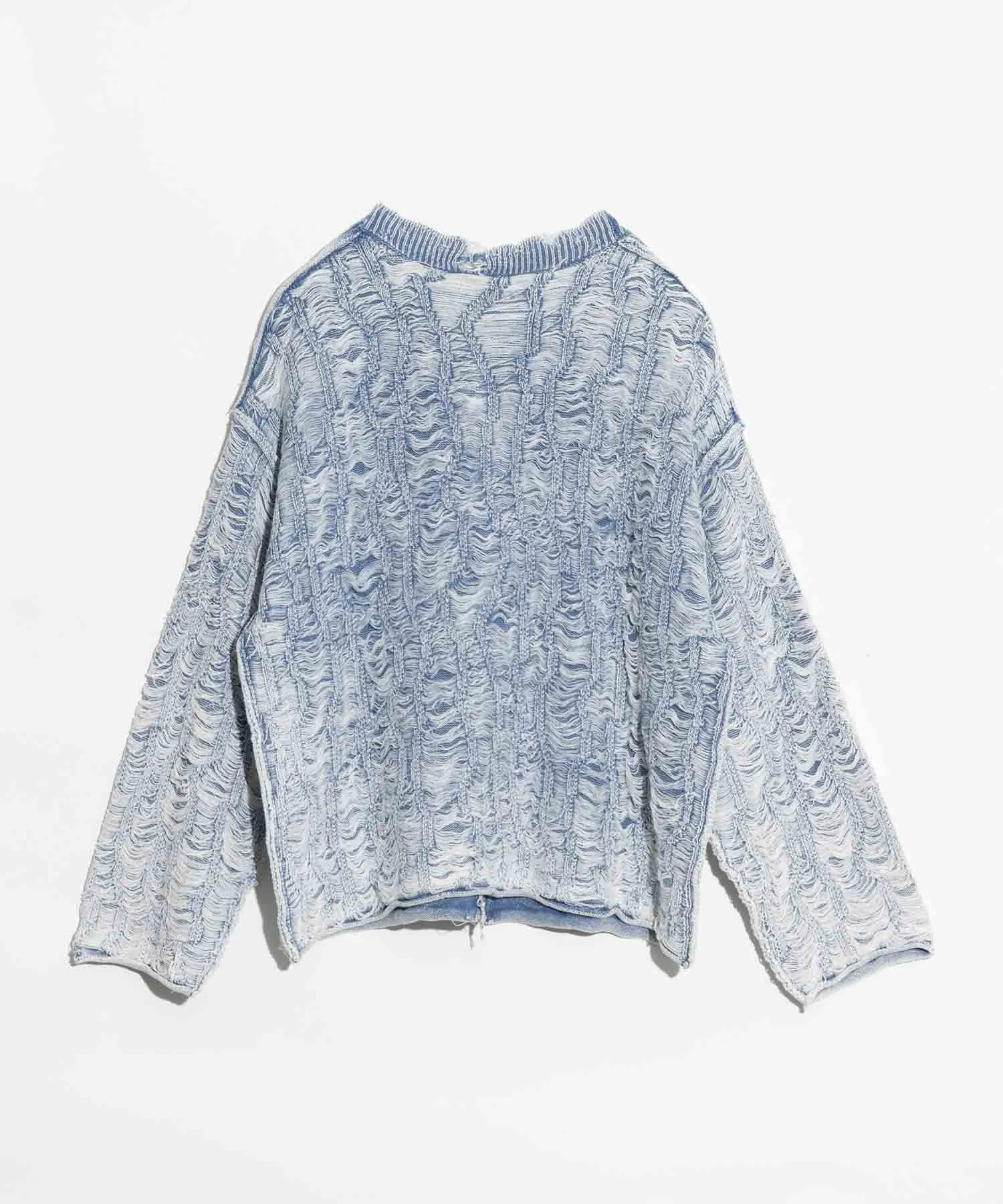 Snow Wash Destroy Fringe Denim Knit Prime-Over V-Neck Cardigan