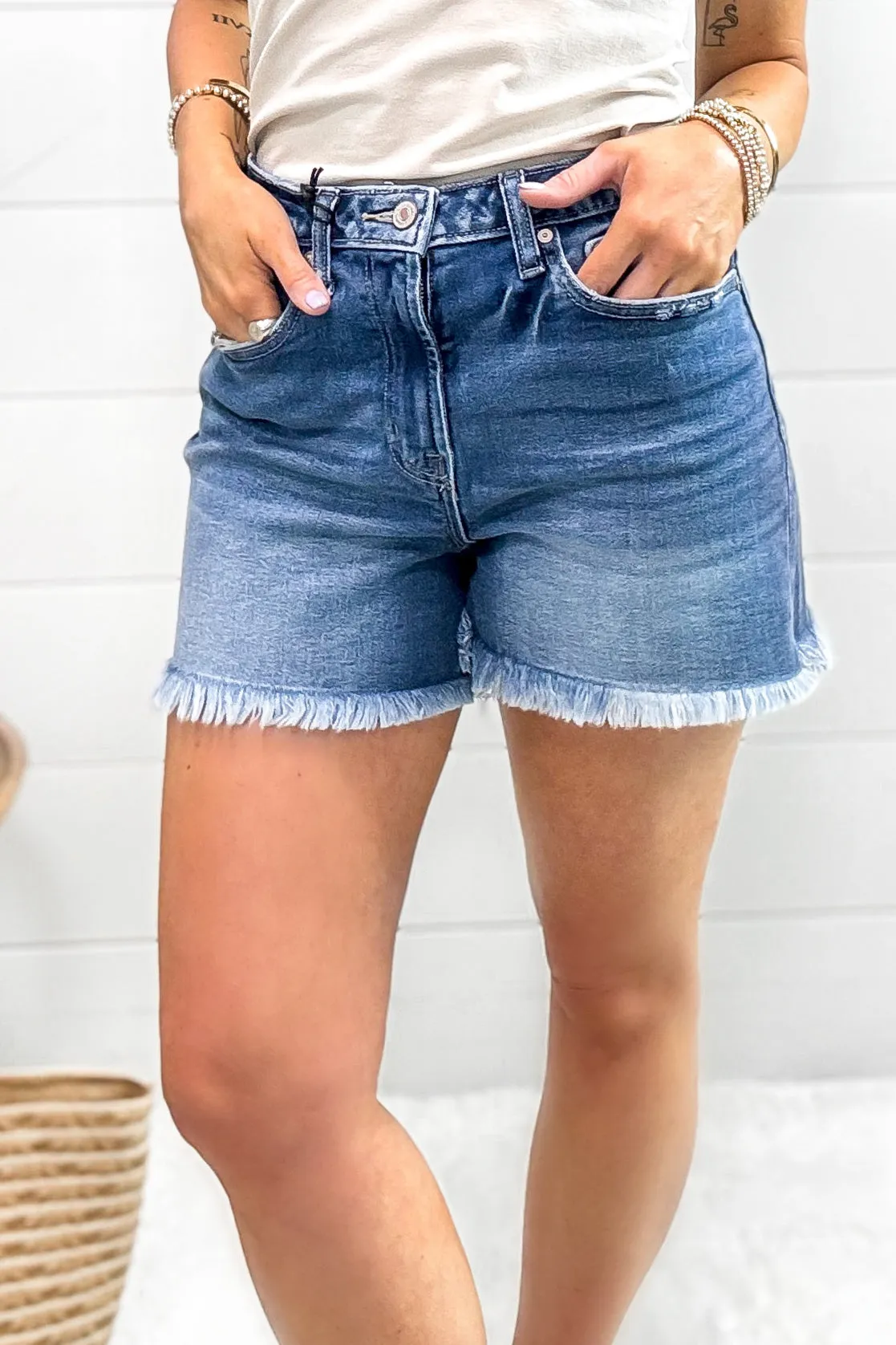 The Delanie Mid Rise Shorts - Denim