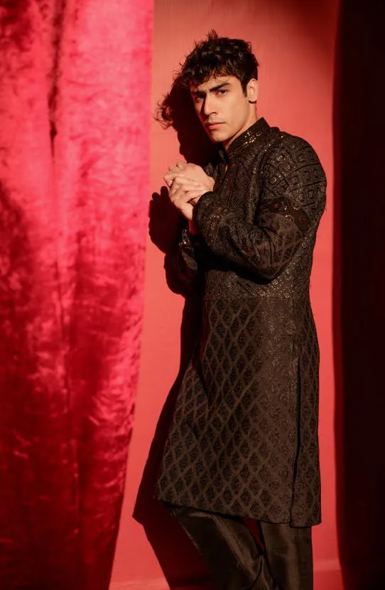 Traditional Boski Chikankari Kurta Paired with Raw Silk Pants