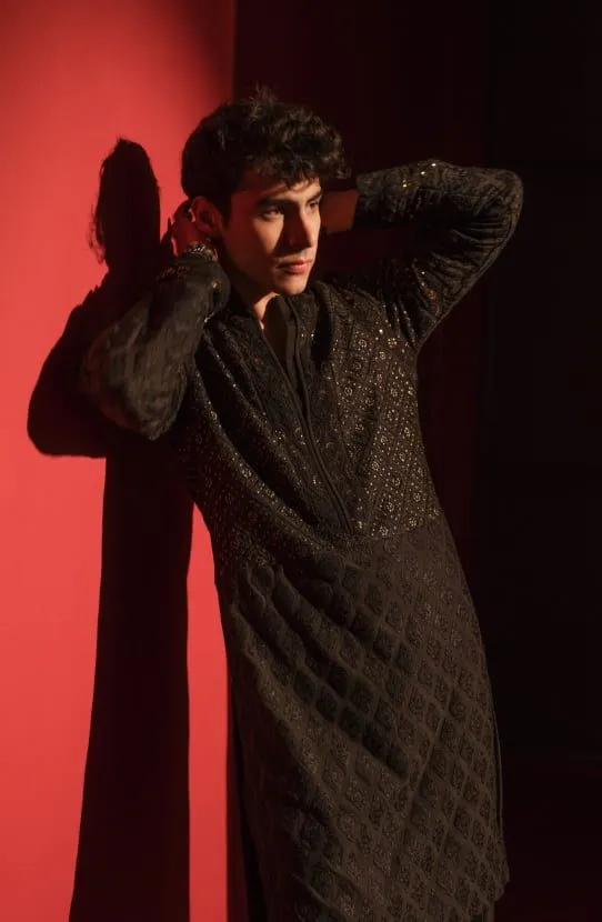 Traditional Boski Chikankari Kurta Paired with Raw Silk Pants