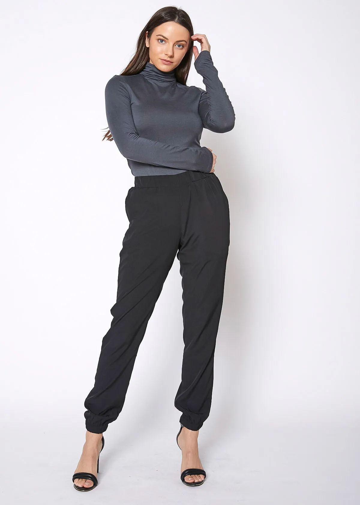 Women's Ankle Cuffed Black Crepe Pants In Black