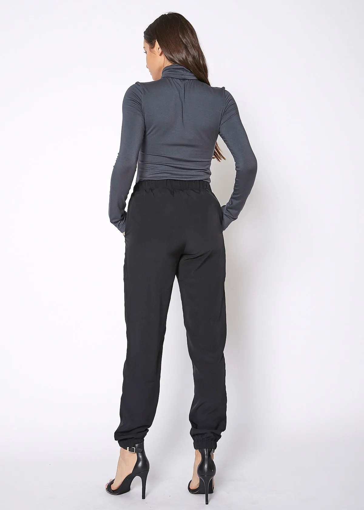 Women's Ankle Cuffed Black Crepe Pants In Black